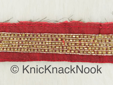 Black / Red Art Silk Fabric Trim With Gold Bugle Beads Embellishments And Gold Embroidery, Beaded Trim,
